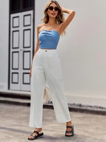 GENKIRA Top Denim Senza Spalline Con Volant Per Donne - Blu lavato medio - Visualizzare 5