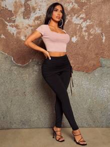 SHEIN SXY 音樂節西式休閒時尚女士黑色針織性感度假夜總會運動熱女孩迷人高腰褶皺束腰細節裙裝拉緊束腰長褲 - 黑色 - 查看 3