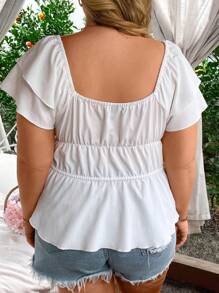 Breezaya Plus Size Women's Front Tie Double-Layer Ruffle Sleeve Blouse Peplum Top