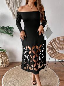 Celure Vestido De Talla Grande Con Hombros Descubiertos, Color Sólido, Con Borde Hueco - Negro - Ver 3