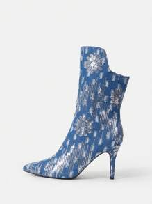 Women'S Fashionable High Heel Cowboy Cloth Glitter Stiletto Boots - Blue - View 8
