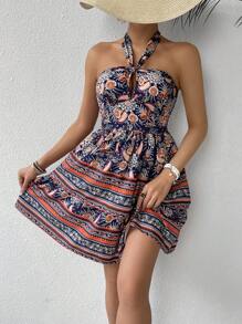 Chiquease Women's Short Sleeve Shirred Mini Dress For Vacation With Plant Print - Multicolor - View 3