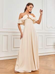 SHEIN Belle Women's Romantic Elegant Apricot Skin-Friendly Woven Fabric Suspender Belt Off-Shoulder Neckline With Ruffles A-Line Bridesmaid Dress - Apricot - View 5
