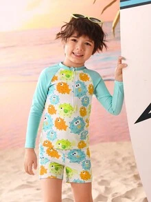 男童卡通印花泳裝套裝,包括防曬衣和短褲 - 淺藍色 - 查看 3