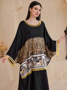 Al Najma Loose Kaftan Dress With Patchwork Floral Print And Tassel Trim - Black - View 1