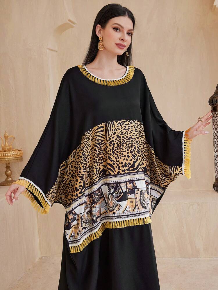 Loose Kaftan Dress With Patchwork Floral Print And Tassel Trim