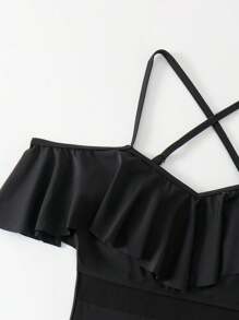 SHEIN Swim Summer Beach Women's One-Piece Swimsuit With Ruffled Hem - Black - View 7