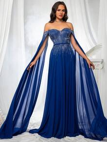 Elegant Off Shoulder Sequined Evening Party Dress - Royal Blue - View 5