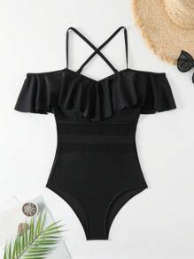 SHEIN Swim Summer Beach Women's One-Piece Swimsuit With Ruffled Hem - Black - View 5