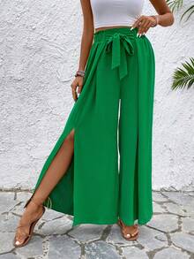 SHEIN LUNE 純色分襠寬腿夏季褲子 - 綠色 - 查看 5