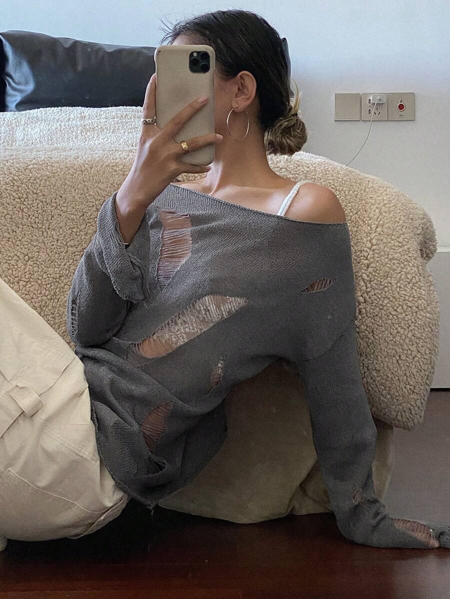 DAZY Màu thuần Xu hướng: Cắt giảm Vòng cổ Tay áo dài Áo len - Xám - Xem 1