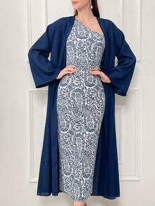Modelyn 女士纯色长袖外套和植物印花单肩无袖连衣裙两件套 - 藍色 - 查看 3