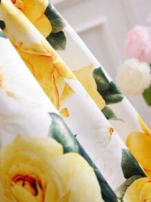 SHEIN 青少女優雅&可愛&華麗的花朵圖案方領短袖飄綵邊中長裙 - 黃色 - 查看 3