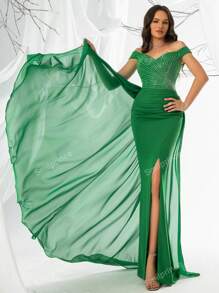 Women's Off Shoulder Rhinestone Embellished Long High-End Evening Dress With Elegant