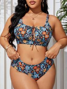 Swim Mod Summer Beach Plus Size Ditsy Floral Bikini Set - Multicolor - View 3