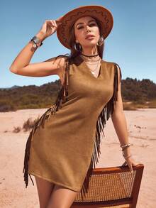 RELISH NOLESS Phụ nữ Xuân Hè Cowgirl Lễ hội Trang phục Đồng quê Hòa nhạc Ngày lễ Trang phục ngoài trời Thường ngày Gợi cảm Boho Kỳ nghỉ Váy tua rua da lộn - Lạc đà - Xem 4