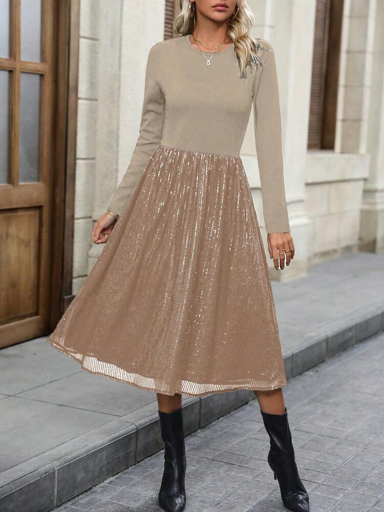 Patchwork Sequin Decor Waist-Hugging Long Sleeve Dress