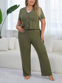 Plus Size Lace & Hollow Out Trim Cami Top With Shorts Pajama Set - Army Green - View 5