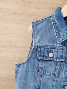 SHEIN Tween Girl's Y2K Spring Summer  Boho Water Wash Casual Fashionable College Style Sleeveless Denim Jacket