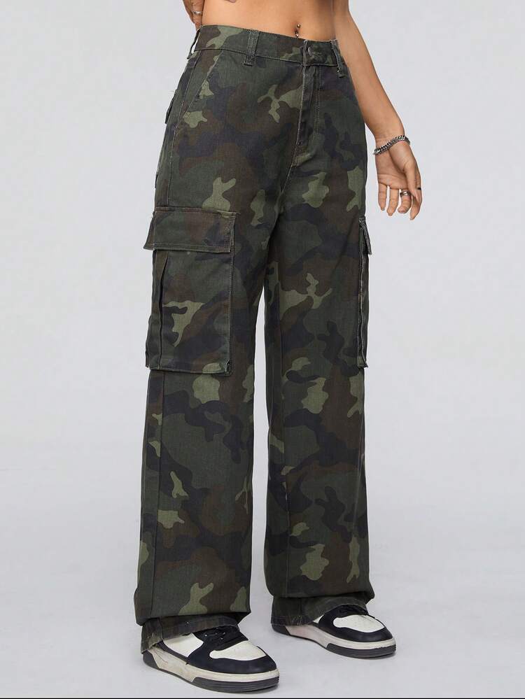 Ladies' Camouflage Straight Leg Jeans For Beach Vacation Or Casual Wear