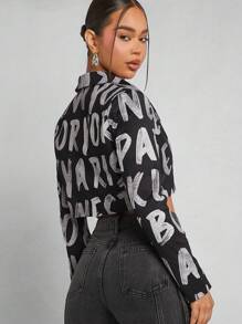Denimoi Blazer corto de moda con estampado gráfico de letras en el cuello de solapa - Multicolor - Ver 2