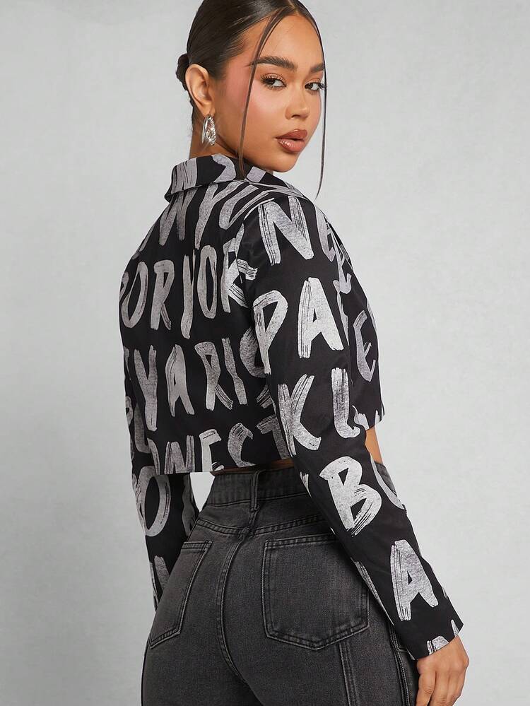 Letter Graphic Print Lapel Neck Fashion Crop Blazer