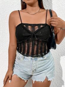 SHEIN Unity Plus Size Knitted Top With Hollow Out Details And Beaded Straps - Black - View 3