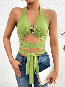 SHEIN Unity Của phụ nữ Xu hướng: Cắt giảm Halter Neck Áo ba lỗ - màu xanh lá - Xem 1