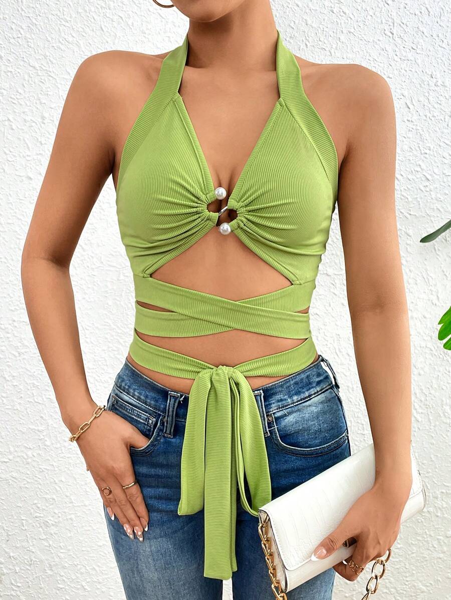 SHEIN Unity Của phụ nữ Xu hướng: Cắt giảm Halter Neck Áo ba lỗ - màu xanh lá - Xem 1
