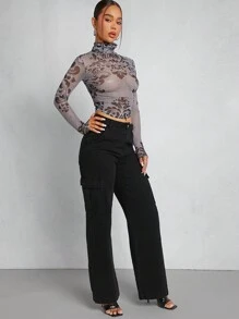 SHEIN Unity Mesh-print Mit Stehkragen Und Durchscheinendem Top