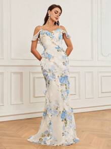 SHEIN Belle 浪漫雪紡露肩花卉印花層疊荷葉邊人魚晚會禮服 - 彩色 - 查看 1