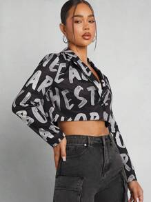 Denimoi Blazer corto de moda con estampado gráfico de letras en el cuello de solapa - Multicolor - Ver 4