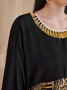 Al Najma Loose Kaftan Dress With Patchwork Floral Print And Tassel Trim - Black - View 4