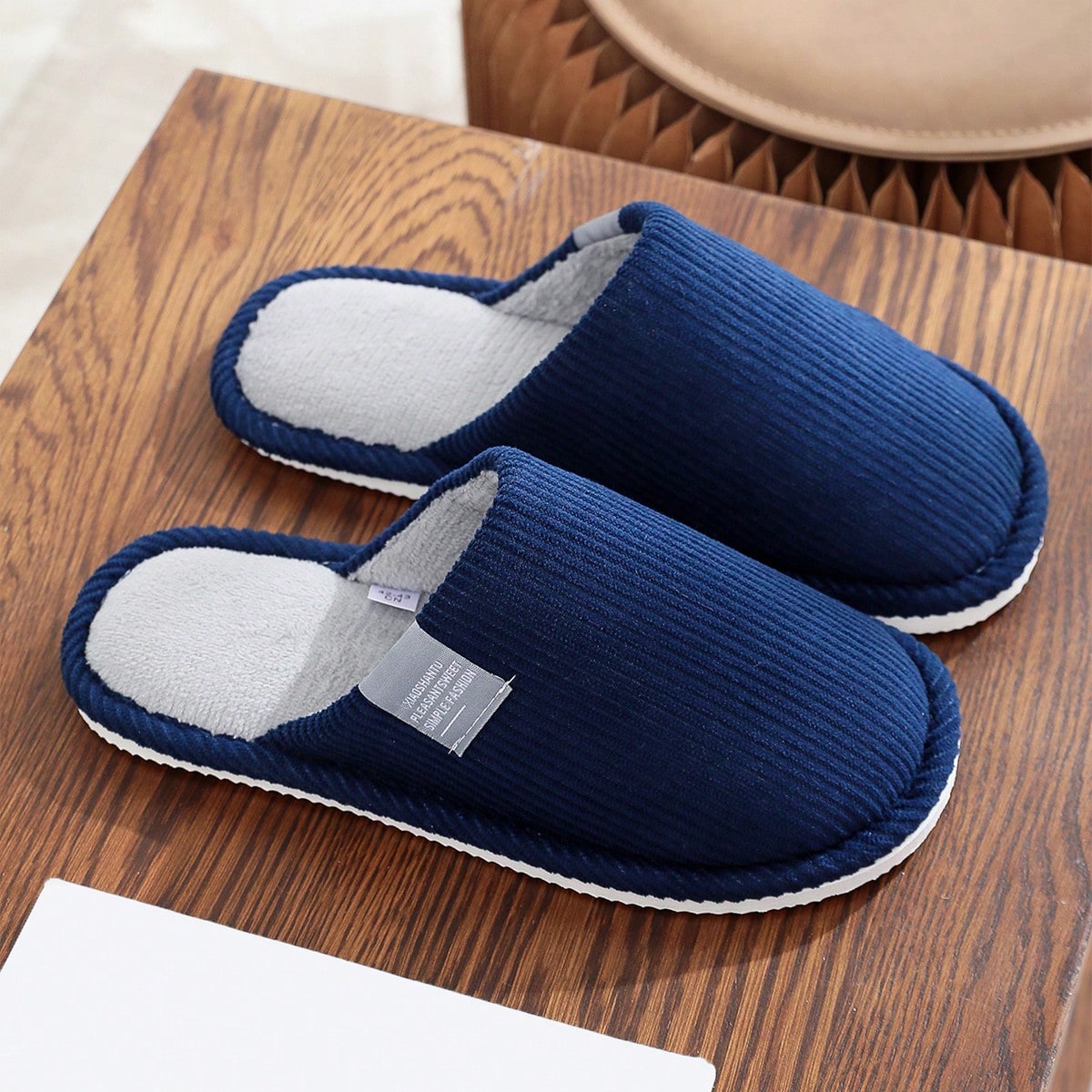 Pantuflas para hombres, pantuflas azules planas para el hogar, pantuflas planas de felpa a rayas, pantuflas de felpa cálidas de otoño e invierno, za