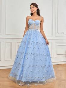 SHEIN Belle Ladies' Elegant Strapless 3d See Through Floral A-Line Ball Gown With Oversized Dress ForHolidayactivityEaster Music Festival Wedding Event Bijie PartyEvening Party Gown - Blue - View 1