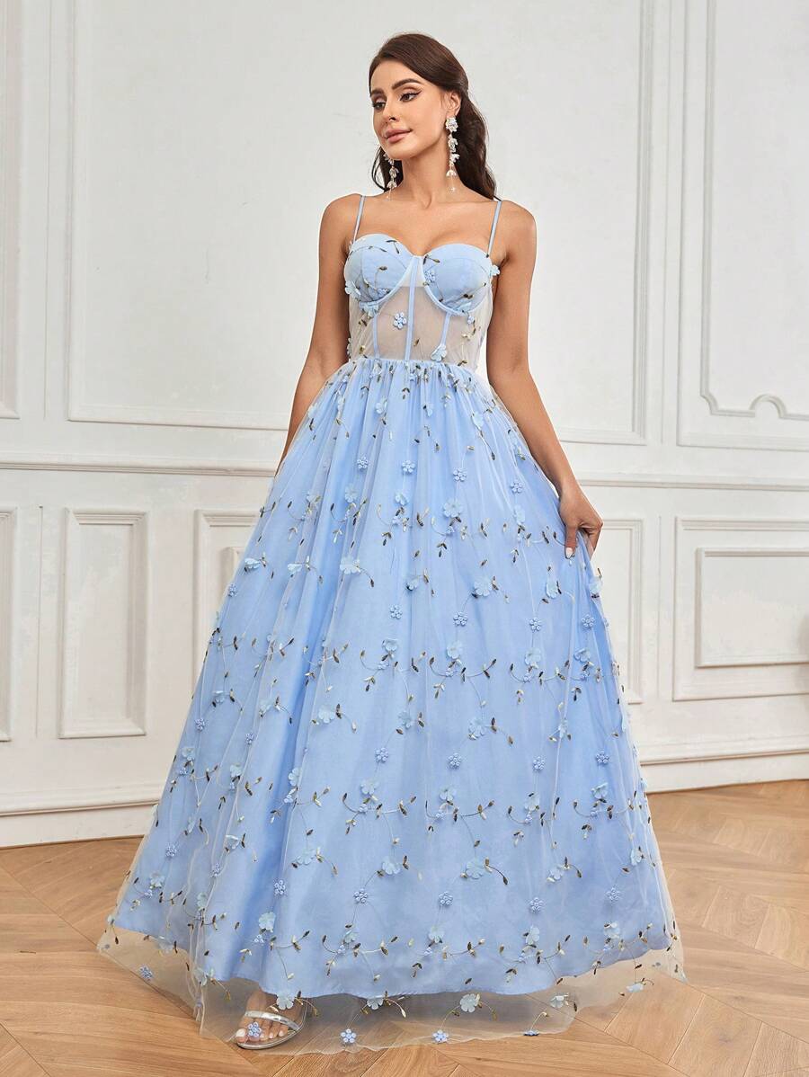 SHEIN Belle Ladies' Elegant Strapless 3d See Through Floral A-Line Ball Gown With Oversized Dress ForHolidayactivityEaster Music Festival Wedding Event Bijie PartyEvening Party Gown - Blue - View 1