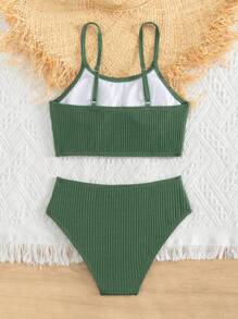 Tween Girl Solid Bikini Set Summer Beach - Dark Green - View 2