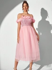 SHEIN Belle 女士露肩 3d 花卉装饰粉色闪光网眼撞色 A 适合约会晚宴鸡尾酒会礼服 - 淺粉色 - 查看 6
