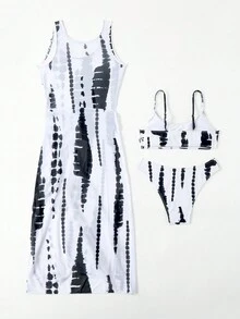 SHEIN Swim 女士扎染印花抽绳褶皱高开叉比基尼套装，比基尼套装泳装泳衣沙滩装夏季度假夏日海滩 - 白色 - 查看 2