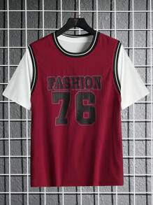 Conjunto De 3 Peças Para Esportes T-shirt Para Adolescentes Com Cor Sólida, Colete Com Impressão De Letras E Números E Shorts