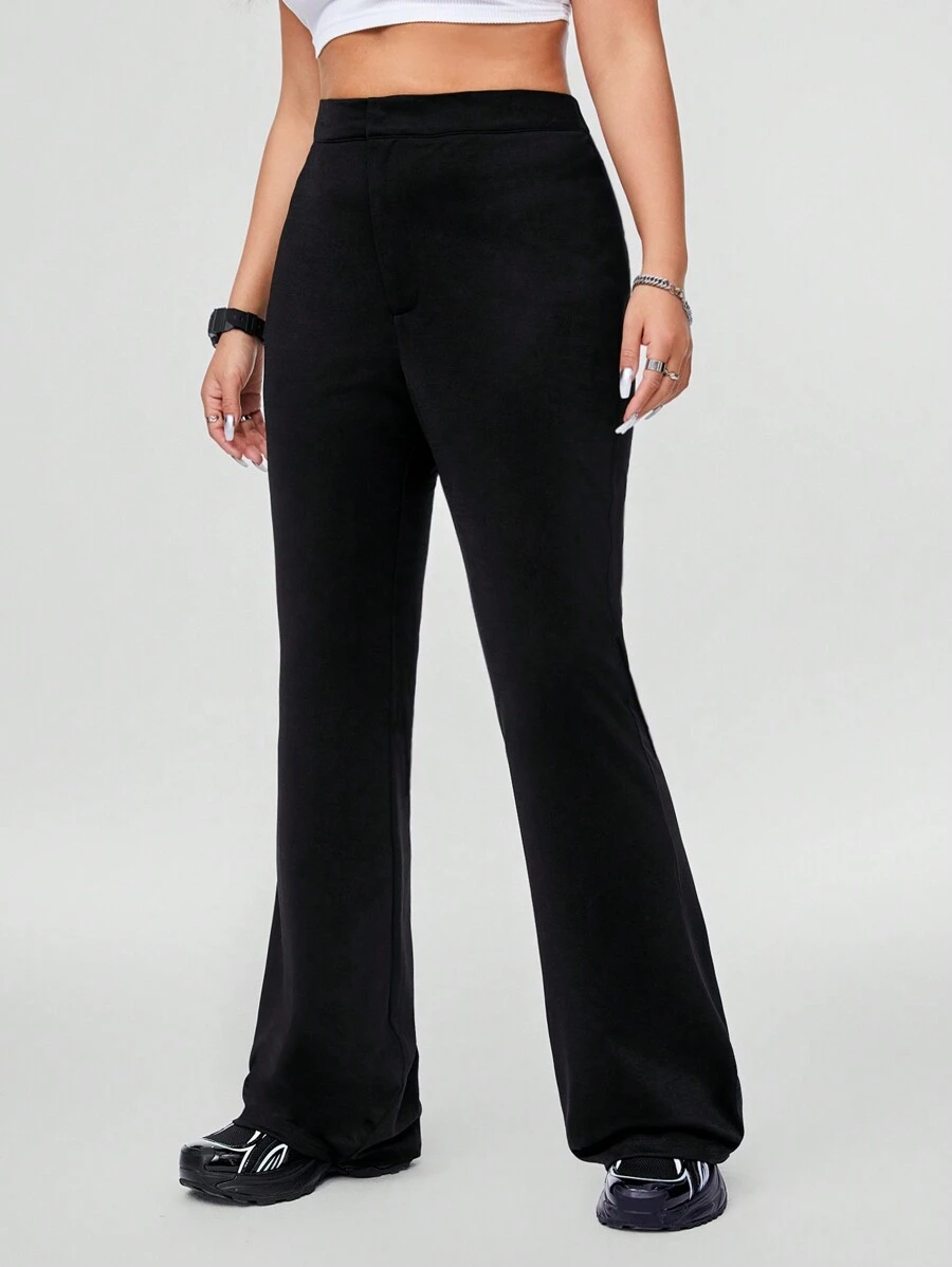 SHEIN Coolane 大尺碼高腰修身彈力喇叭褲,側邊開岔款式 - 黑色 - 查看 1