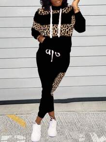 Leopard Print Sweatshirt & Sweatpants - Black - View 1