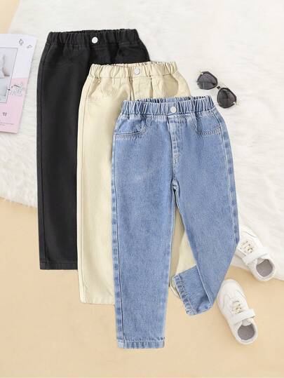 SHEIN Vintaside Kids 3 件套青少年女孩百搭休闲日常简约街头风格弹力腰带口袋牛仔裤，宽松锥形牛仔裤，百搭时尚牛仔单品，适合全年穿着