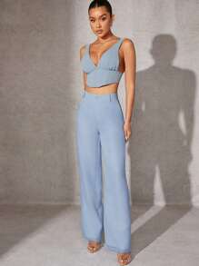 SHEIN Unity Organza High Waist Solid Elegant Wide Leg Pants - Blue - View 3