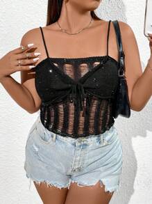SHEIN Unity Plus Size Knitted Top With Hollow Out Details And Beaded Straps - Black - View 1
