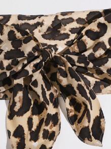 SHEIN VCAY Bộ hai mảnh đi biển mùa hè buộc dây phía trước có ống da báo và quần short - Màu Khaki - Xem 4