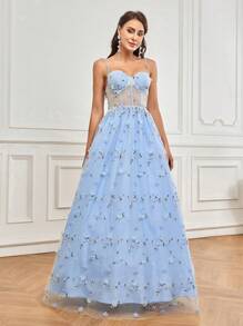 SHEIN Belle Ladies' Elegant Strapless 3d See Through Floral A-Line Ball Gown With Oversized Dress ForHolidayactivityEaster Music Festival Wedding Event Bijie PartyEvening Party Gown - Blue - View 5