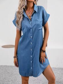 Wandoria Women's Solid Color Batwing Sleeve Front Buttoned Dress - Blue - View 4