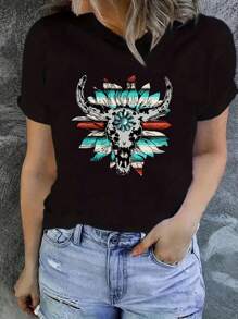 INAWLY 花卉印花 T 恤 图案 T 恤 女式上衣 - 黑色 - 查看 1