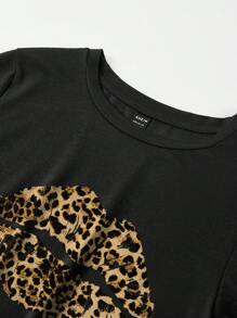 Slaydiva Casual Leopard Print Lips Graphic Round Neck Short Sleeve Women T-Shirt, Suitable For Summer Suitable For Going Out - Black - View 5
